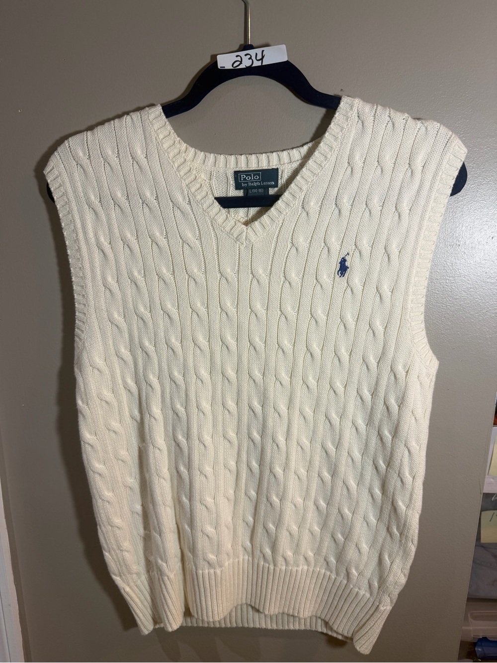 Ralph Lauren Cream Cable Knit V-Neck Sweater Vest with Blue Pony